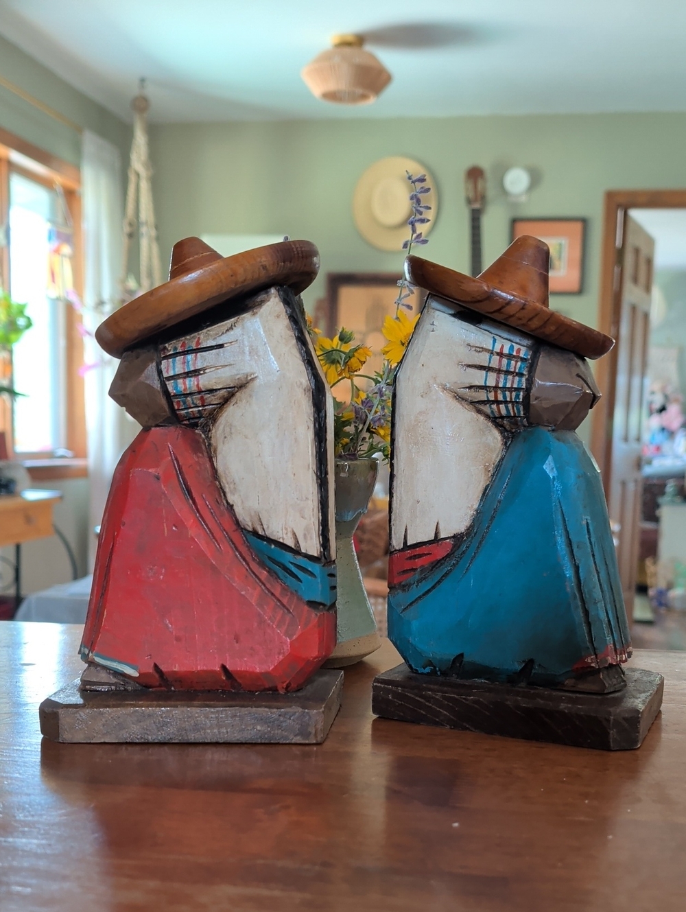 Hand-Carved Wooden Folk Art Figurine Pair in Red and Blue